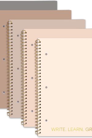 Decorably 5-Pack 140 Pages Gold Foiled Spiral Note Books College Ruled, 8x10.5in Spring Bound, 3-Hole Punched and Easy Tear-Off Perforated Design, Lined Pages - Work, School, Office