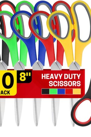 BURVAGY 8" 10 Pack All Purpose Heavy Duty Scissors- Comfort-Grip Sharp Scissors for Office School Sewing Fabric Craft High/Middle School Student Teacher Scissor, Right/Left Hand