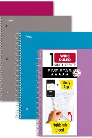 Five Star Spiral Notebook + Study App, 4 Pack, 1 Subject, Wide Ruled Paper, 8" x 10-1/2", 100 Sheets, Fights Ink Bleed, Water Resistant Cover, Purple, Pink, Gray and Blue (930105-ECM)