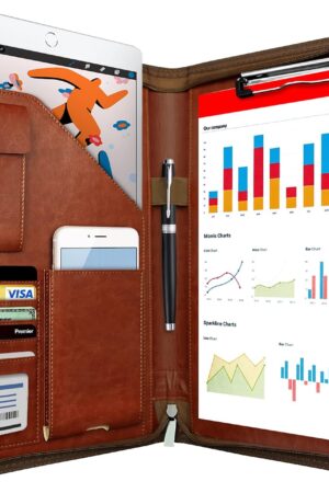 Zippered Padfolio Organizer, WRIYES Leather Planner Binder, 10.2 Inch Portfolio Folder for Documents, Letter Size Business Card Holder for Men&Women (Brown)