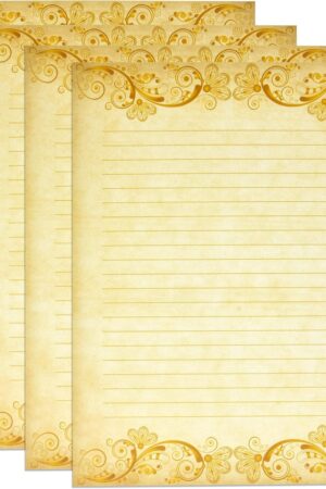 Gift Boutique 100 Pack Vintage Lined Stationary Paper Gold Sheets For Writing Poems Lyrics Letters Wedding Invitations Printing Supplies, 8.5" X 11"