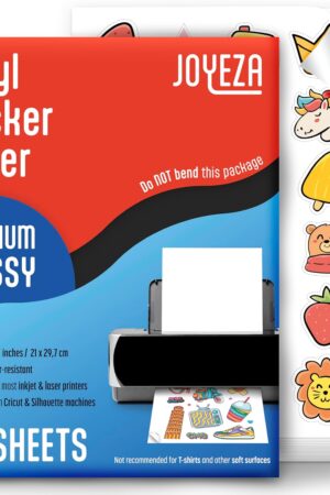 JOYEZA Premium Printable Vinyl Sticker Paper for Inkjet Printer - 25 Sheets Glossy White Waterproof, Dries Quickly Vivid Colors, Holds Ink Well - Inkjet & Laser Printer