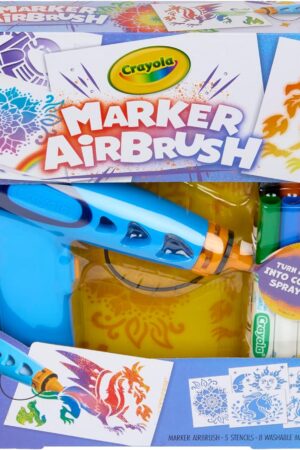 Crayola Marker Airbrush Spray Art Kit, Battery-Powered Sprayer with 8 Washable Markers & 5 Stencils, DIY Craft Set, Ages 6+