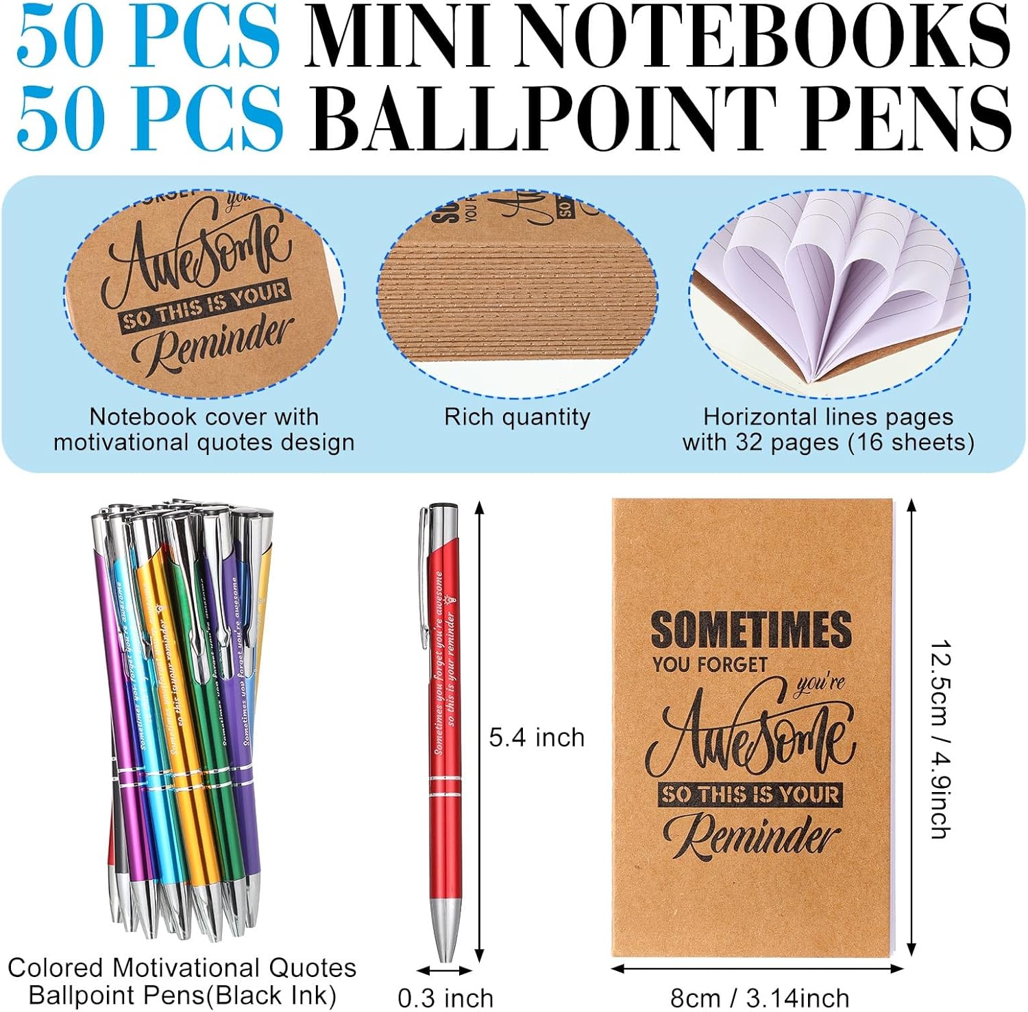 Sabary 100 Pcs Inspirational Notepads Ballpoint Pens Sets Mini Motivational Pocket Notebooks Journals Bulk Christmas Teacher Appreciation Gifts for Office Supplies(Appreciation Gifts) - Image 2