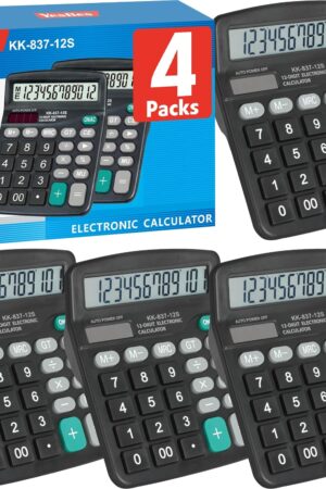 4 Pack Calculator Bulk, 12 Digits Calculators Desktop with Large LCD Display and Sensitive Butto, Solar and Battery Dual Power, Desk Calculator