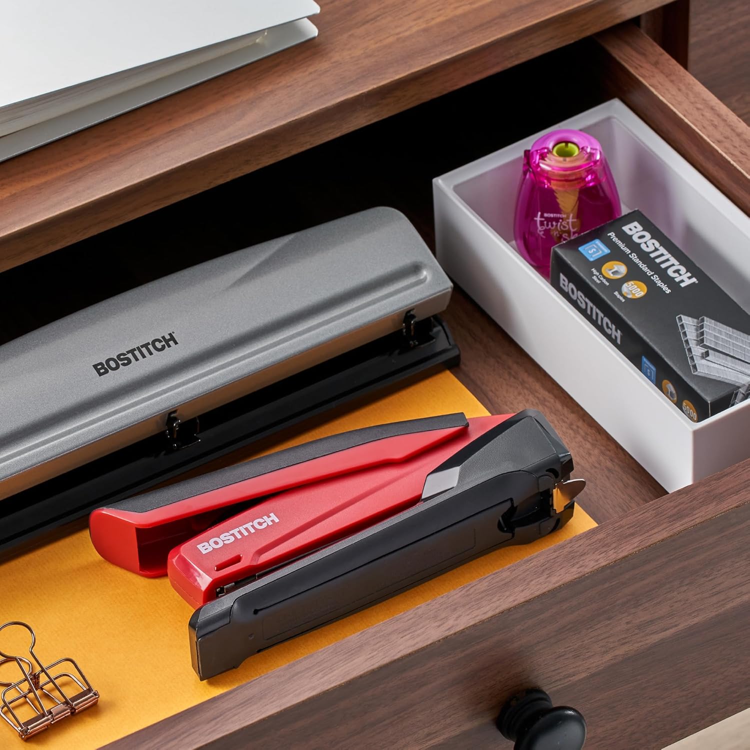 Bostitch Office Executive 3 in 1 Stapler, Includes 210 Staples and Integrated Staple Remover, One Finger Stapling, No Effort, 20 Sheet Capacity, Spring Powered Stapler, Red - Image 9