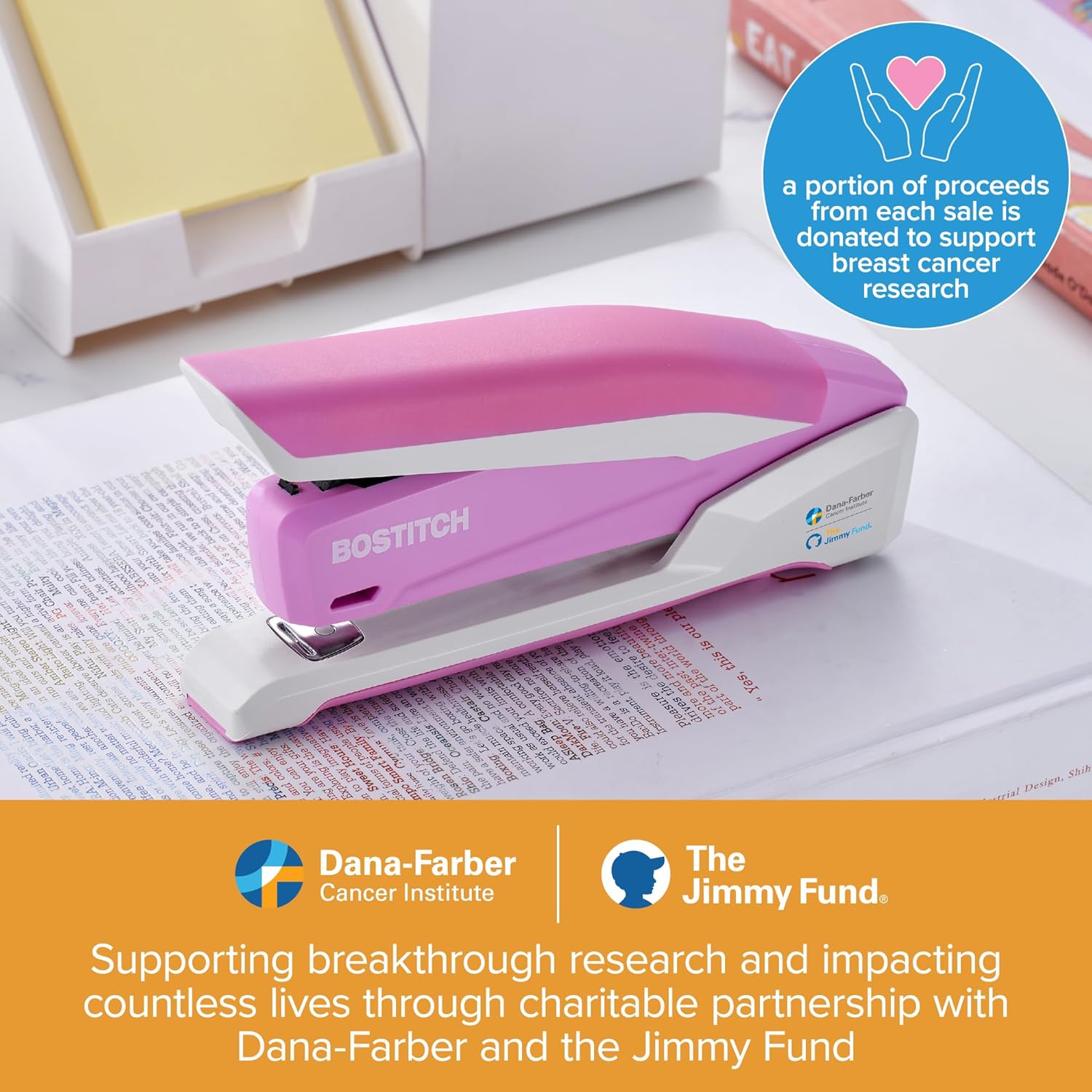 Bostitch Office InPower Spring-Powered Desktop Stapler, 20 Sheet Capacity, One Finger Stapling, Includes 210 Staples, Jam Free, Opens for Tacking, Breast Cancer Awareness Pink - Image 3