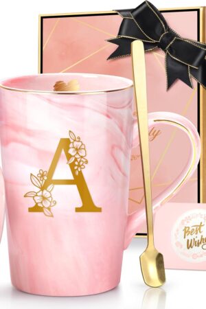 Personalized Marble Ceramic Mug Gifts for Women, 14 Oz Pink Initial Customized Gift Coffee Cup with Lid, Christmas Mother's Day Birthday Gifts for Wife Her Mom Grandma Friend Sister Unique,A