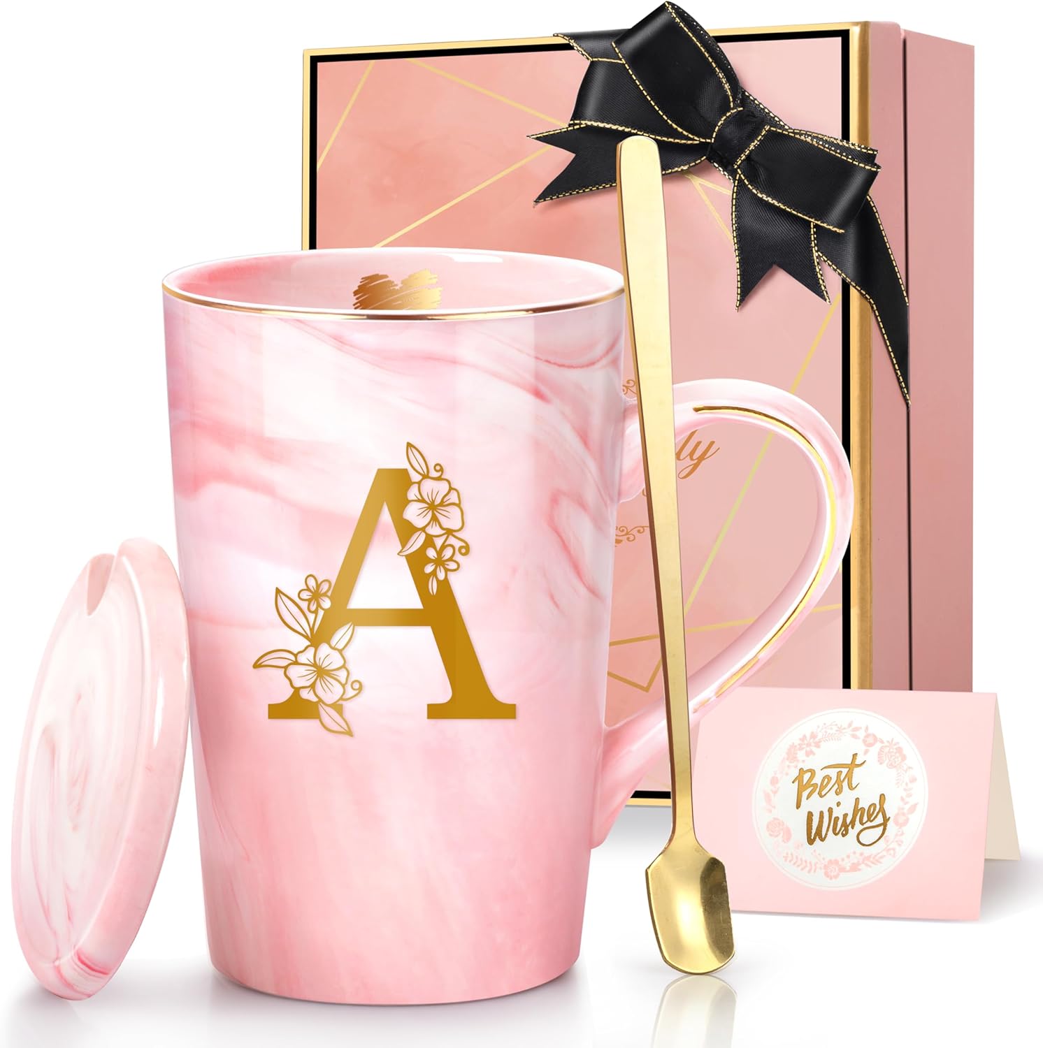 Personalized Marble Ceramic Mug Gifts for Women, 14 Oz Pink Initial Customized Gift Coffee Cup with Lid, Christmas Mother's Day Birthday Gifts for Wife Her Mom Grandma Friend Sister Unique,A