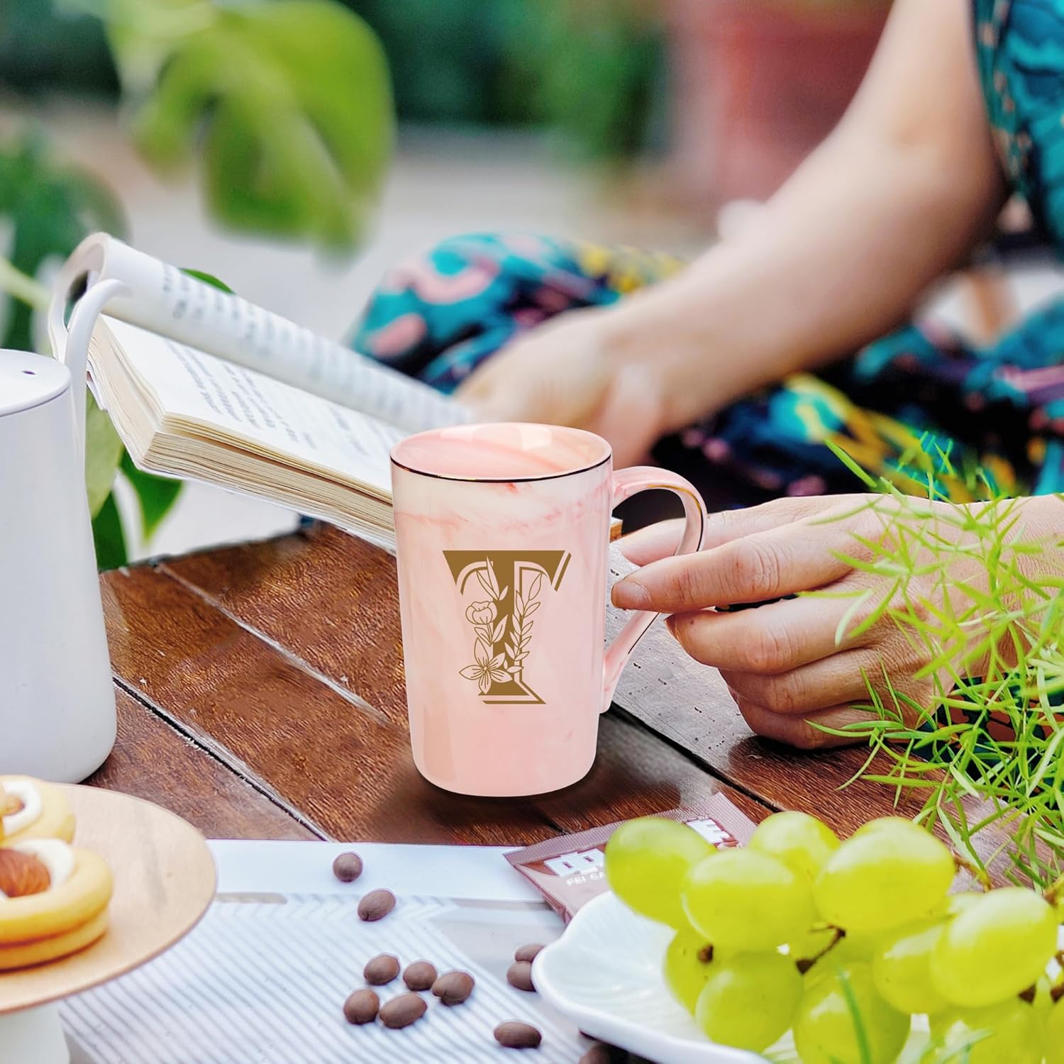 WENSSY Pink 14 Ounce Letter T with Flower Personalized Initial Mugs, Novelty Coffee Mugs for Women, Bridal Shower Gifts, Women's Initials Gifts, Dishwasher Safe, Real Gold Print, Durable - Image 3