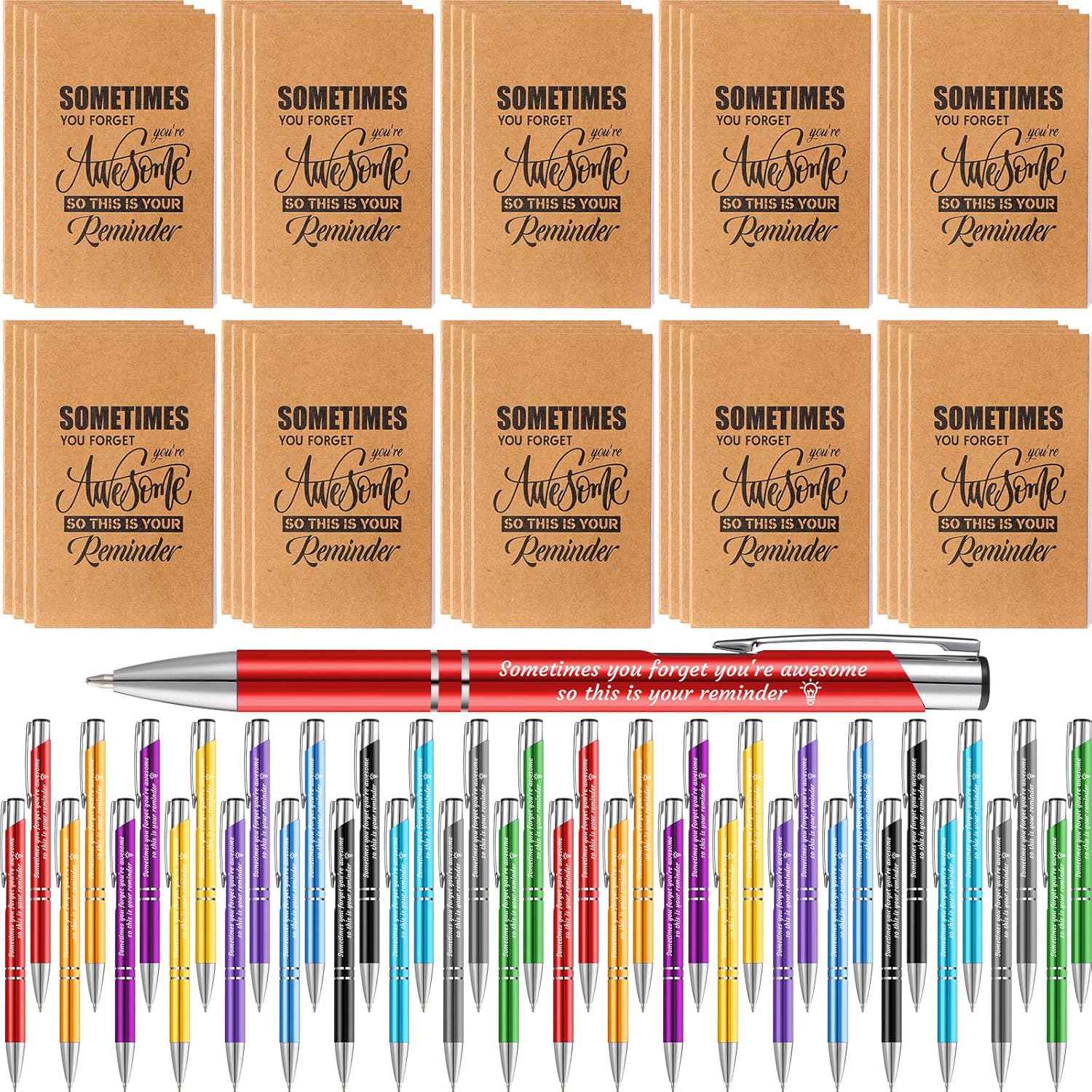 Sabary 100 Pcs Inspirational Notepads Ballpoint Pens Sets Mini Motivational Pocket Notebooks Journals Bulk Christmas Teacher Appreciation Gifts for Office Supplies(Appreciation Gifts)