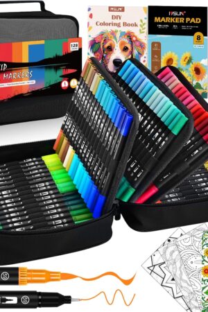 Dual Brush Marker Pens,128 Colors Art Markers Set with Fine & Brush Tip for Kids Adult Coloring Book, Bullet Journaling, Drawing, Note Taking, Planner, Hand Lettering, Calligraphy, Art Supplies Kit