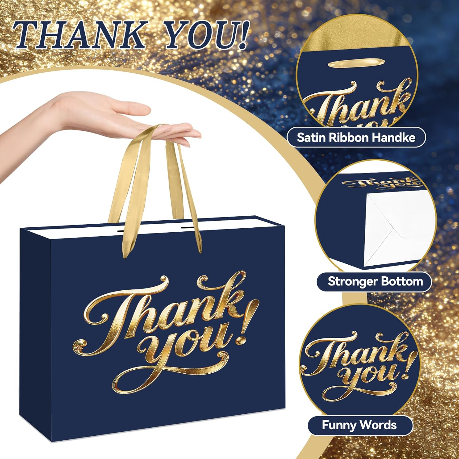YXYASR Navy Blue and Gold Thank You Gift Bag - Large Gift Wrap Set with Handles - Includes 3 Sheets Gold Tissue Paper and Greeting Card - for Business, Weddings, and Client Appreciation - Image 3