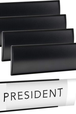 Set of 6 –Sturdy & Elegant Black Aluminum Wall Mount Name Plate Holder, Office Business Door Curved Sign Holder with Adhesive Tape, 8” X 3” - Plastic Film Included, Paper Inserts NOT Included