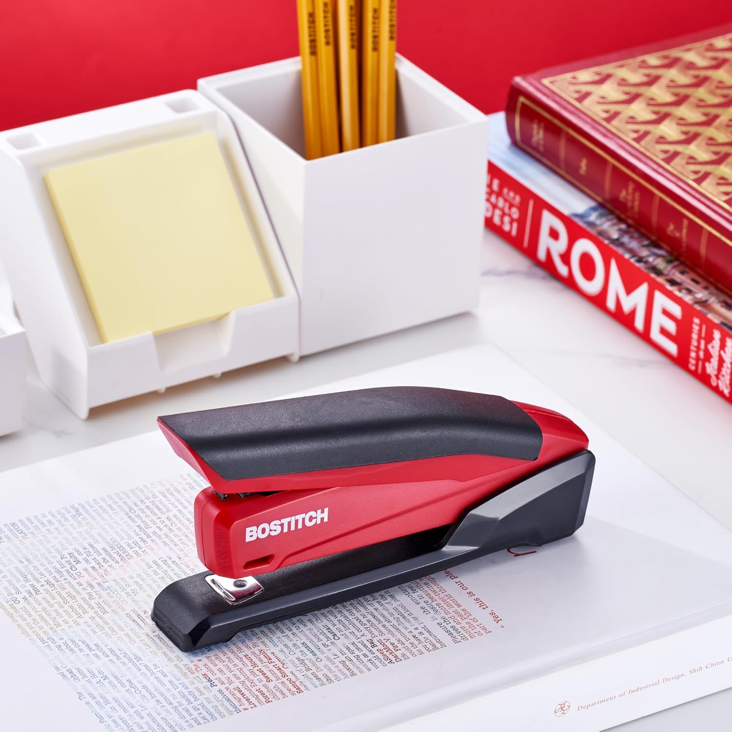 Bostitch Office Executive 3 in 1 Stapler, Includes 210 Staples and Integrated Staple Remover, One Finger Stapling, No Effort, 20 Sheet Capacity, Spring Powered Stapler, Red - Image 2