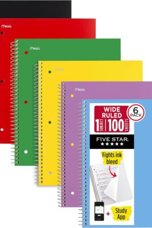 Five Star Spiral Notebook + Study App, 6 Pack, 1 Subject, Wide Ruled Paper, 8" x 10-1/2", 100 Sheets, Fights Ink Bleed, Water Resistant Cover, Assorted Colors (38042)