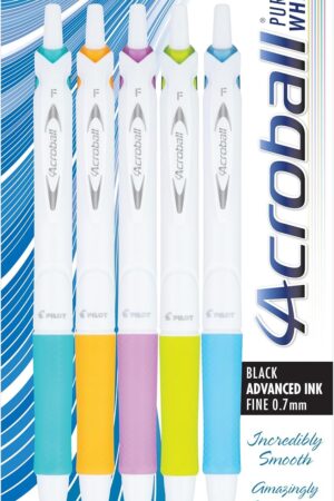 Pilot Acroball PureWhite Advanced Ink Refillable & Retractable Ball Point Pens with Assorted Accents, Fine Point, Ballpoint Pens, Black Ink, 0.7mm, 5-Pack