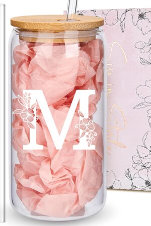 Personalized Tumbler, Monogrammed Can Glass Cups with Bamboo Lids and Straws, Customized Gifts for Women, Cute Design Initial Iced Coffee glasses, Custom Letter Mug, Birthday Bridesmaid, M