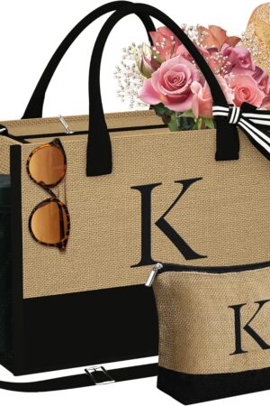 YOOLIFE Personalized Gifts for Women - Initial Jute Tote Bag & Makeup Bag, Birthday Gifts for Women Mom Wife Teacher Friend