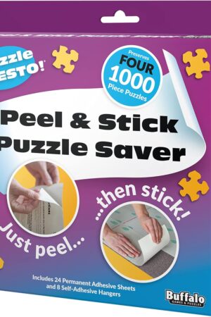Buffalo Games Peel & Stick Saver Sheets - Pack of 4, 24 Adhesive Sheets & 8 Adhesive Hangars - Quick Peel & Stick Puzzle Glue & Storage Solution - No-Mess Puzzle Frame Alternative