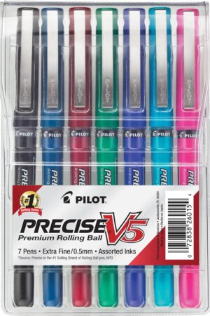 PILOT Precise V5 Stick Liquid Ink Rolling Ball Stick Pens, Extra Fine Point (0.5mm) Assorted Ink Colors, 7-Pack Pouch (26015)