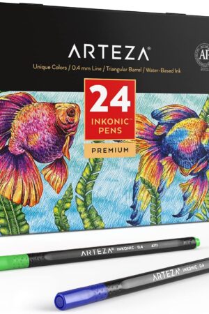 ARTEZA Inkonic Fineliners Fine Point Pens, Set of 24 Fine Tip Markers with Color Numbers, 0.4mm Tips, Ergonomic Barrels, Brilliant Assorted Colors for Coloring, Drawing & Detailing