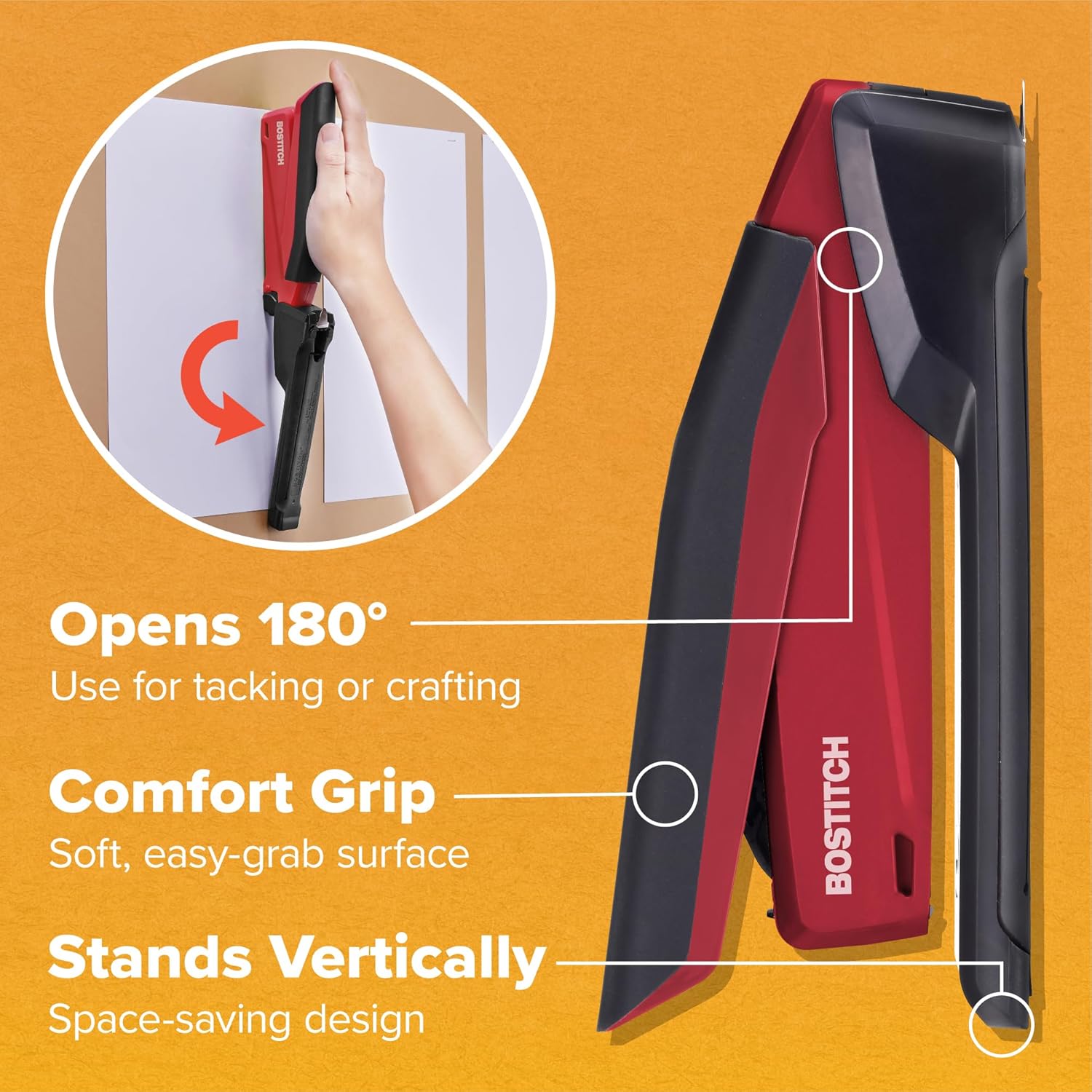 Bostitch Office Executive 3 in 1 Stapler, Includes 210 Staples and Integrated Staple Remover, One Finger Stapling, No Effort, 20 Sheet Capacity, Spring Powered Stapler, Red - Image 7