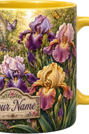 ThangPham Shop Personalized Iris Floral Coffee Mug 11oz/15oz - Cottage Garden Floral Ceramic Mug, Vintage Botanical Iris Drinkware