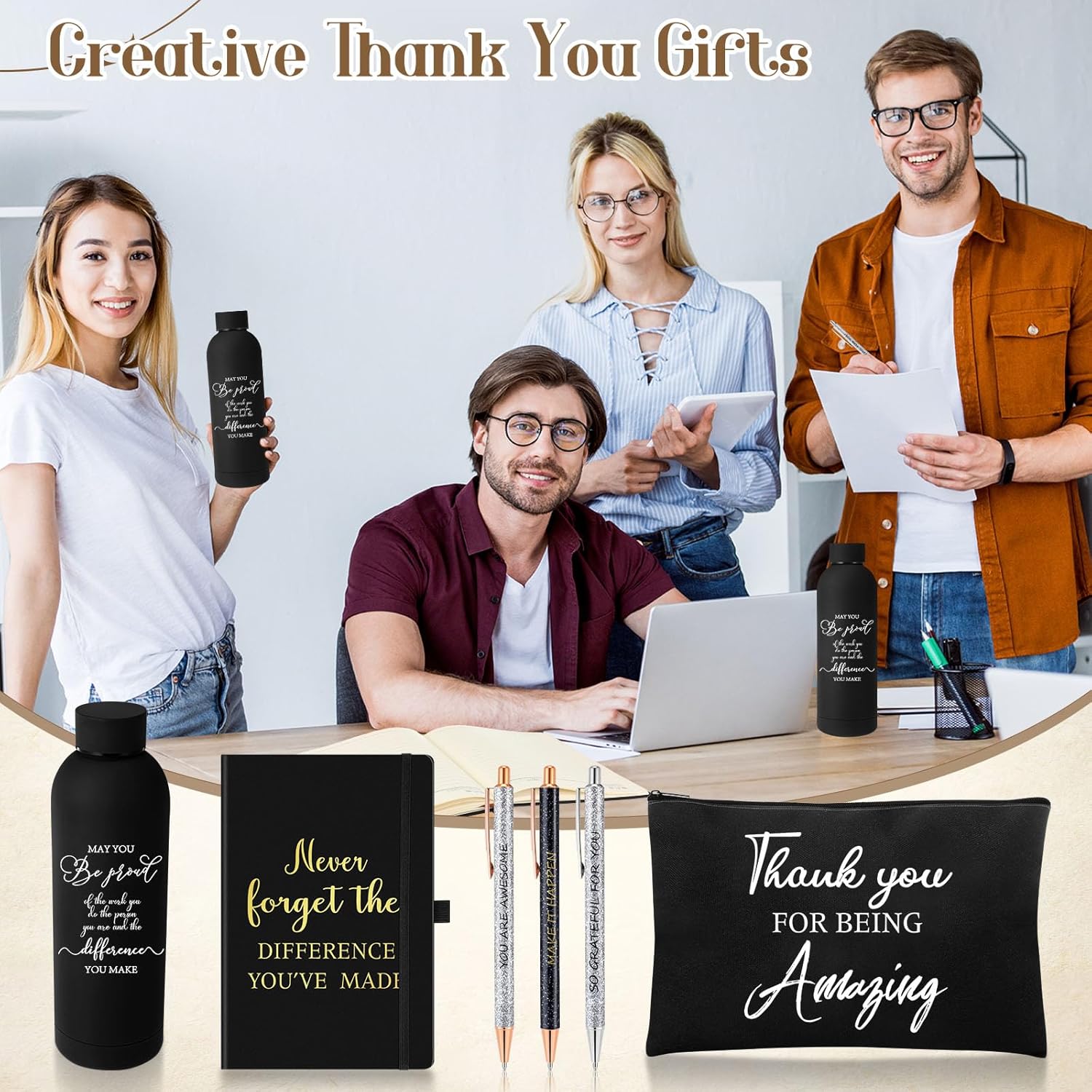 Funnymoom 6 Pcs Graduate Employees Appreciation Gift Set 17 oz Stainless Steel Frosted Water Bottle Makeup Bag Notebook Ballpoint Pens Thank You Gift for Employee Teacher Nurse - Image 5