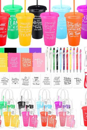 181 Pcs Employee Appreciation Gifts 24 oz Inspirational Plastic Cups with Lid and Straw Notebooks Ballpoint Pens Keychains PVC Gift Bags Thank You Supplies for Teacher Coworker Staff(Novel)
