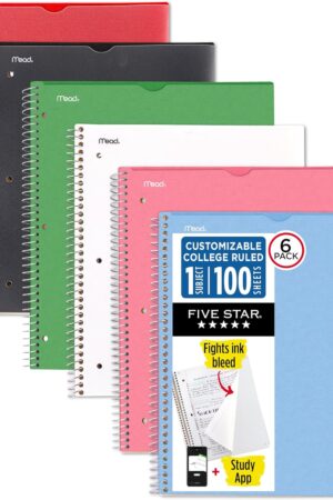 Five Star Spiral Notebook + Study App, 6 Pack, 1 Subject, College Ruled, 8-1/2" x 11", 100 Sheets, Fights Ink Bleed, Customizable Water Resistant Cover, Assorted Colors (820045-ECM)