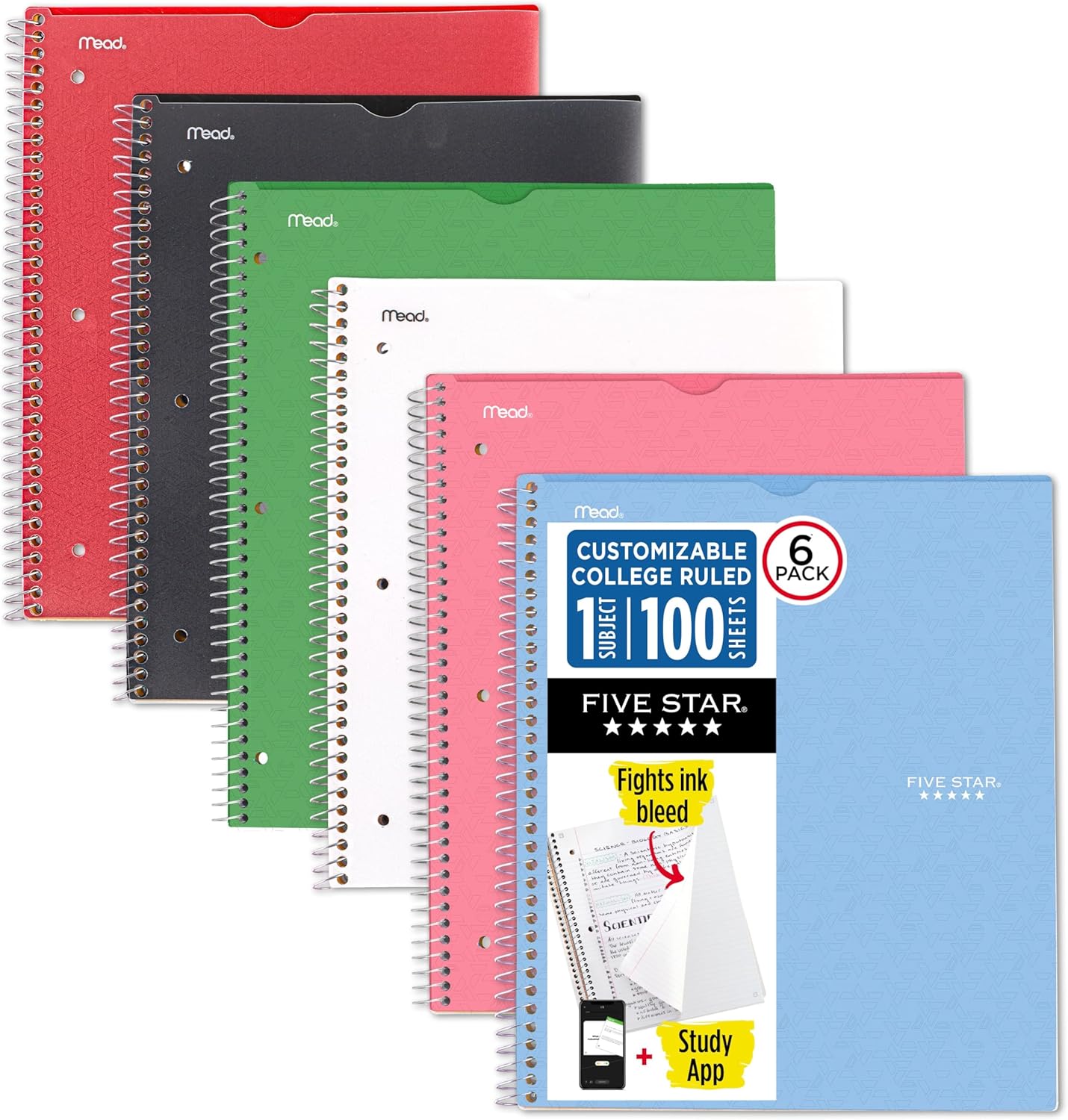 Five Star Spiral Notebook + Study App, 6 Pack, 1 Subject, College Ruled, 8-1/2" x 11", 100 Sheets, Fights Ink Bleed, Customizable Water Resistant Cover, Assorted Colors (820045-ECM)
