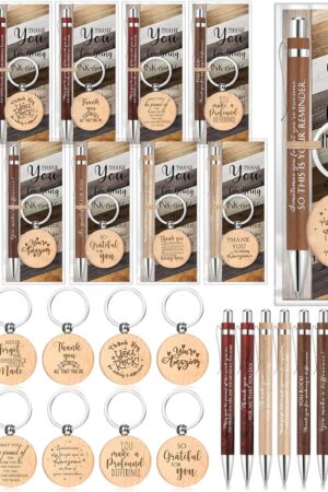 Dispowreath Employee Appreciation Gift Bulk with Bamboo Ballpoint Pen Inspirational Wooden Keychain Thank You Bookmark Card Set for Employee Staff Office Team Volunteer Teacher Gift(20 Sets)
