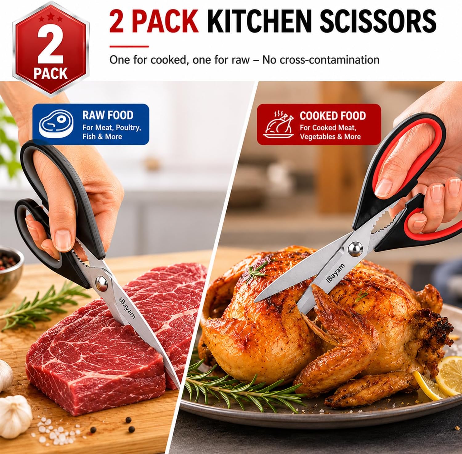 iBayam Kitchen Scissors All Purpose Heavy Duty 2 Pack with Protective Sheath, Stainless Steel Shears Kitchen Utensils Set for Cutting Food Cooking Meat Poultry Dishwasher Safe Soft Comfort-Grip - Image 6
