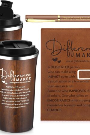Pickmesh 3 Pcs Difference Maker Gifts 17 oz Coffee Mug Tumbler A5 Leather Journal with Ballpoint Pen Cna Week Employee Appreciation End of Year Gifts for Nurse Women Men Teacher Staff (Brown)