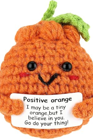 Positive Energy Crochet Orange Gift with Inspiring Affirmation Card Fun Emotional Support Present for Women and Men Perfect Birthday and Office Desk Decor