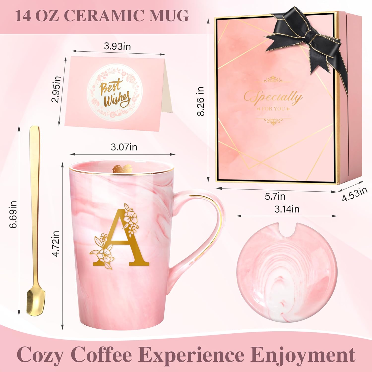Personalized Marble Ceramic Mug Gifts for Women, 14 Oz Pink Initial Customized Gift Coffee Cup with Lid, Christmas Mother's Day Birthday Gifts for Wife Her Mom Grandma Friend Sister Unique,A - Image 5