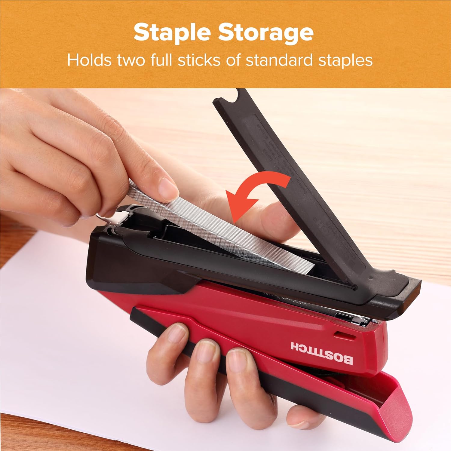 Bostitch Office Executive 3 in 1 Stapler, Includes 210 Staples and Integrated Staple Remover, One Finger Stapling, No Effort, 20 Sheet Capacity, Spring Powered Stapler, Red - Image 6