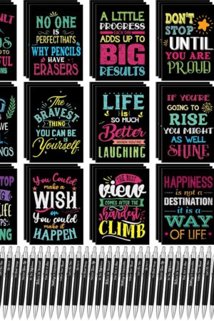 Yeaqee 72 Pcs Motivational Pens Notepads Gifts Set Inspirational Quote Ballpoint Pen Small Notebook Mini Journal Bulk Present Idea for Teacher Coworker Gifts Women Office School(Inspirational)