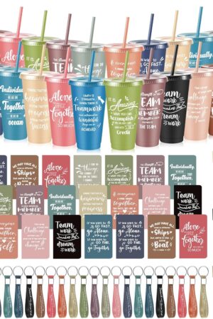 Hollowfly 24 Sets/96 Pcs Team Appreciation Gifts for Employee, 24 oz Inspirational Plastic Cups with Lid Straw Notebooks Ballpoint Pens Keychain Set, Bulk Gifts for Coworkers (Morandi)