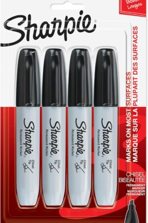 Sharpie Permanent Markers, Large, Chisel Tip, Black, 4 Count - Marks on Paper, Plastic, Metal, and More