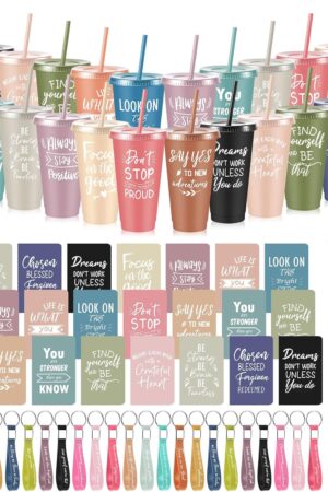 Hollowfly 24 Sets/96 Pcs Inspirational Gifts Bulk for Employee Appreciation, 24 oz Plastic Cups and Pens Notebooks Keychains Set, Group Gifts for Office Staff Coworkers (Morandi)