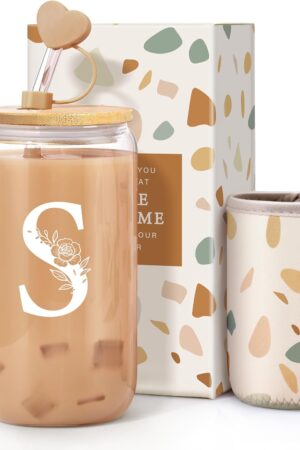 Personalized Gifts for Women, Monogrammed Gifts for Women, Initial 16 oz Glass Cups With Lids and Straws, Customized Mug, Personalized Birthday Gifts Christmas Gift for Mom Friend Woman, S