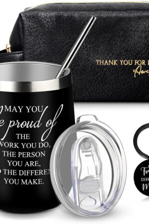 Dandat Set of 3 Thank You Gift for Men Father's Day Employee Appreciation Leather Toiletry Bag 12oz Stainless Steel Tumbler with Keychain for Male Principal Teacher Nurse Coworker Staff