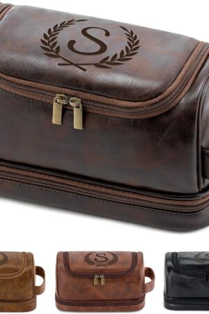 Engraved Initial Mens Toiletry Travel Bag, Unique Corporate Gifts for Clients Boss Colleague Employee Appreciation Gifts Birthday Party Favor Waterproof Shaving Bag for Men, Dark Brown S