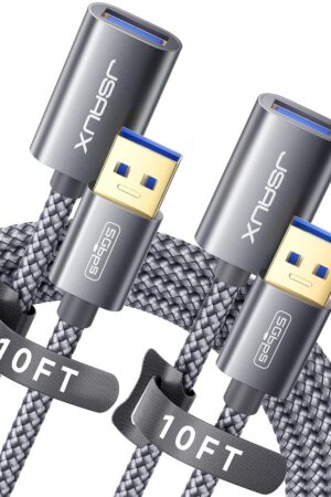 JSAUX 2Pack 10FT+10FT USB 3.0 Extension Cable, Type A Male to Female USB Extender Cord Nylon Braided Compatible with Webcam, Camera, Phone, USB hub, Mouse, Keyboard, Printer, Hard Drive, Xbox-Grey
