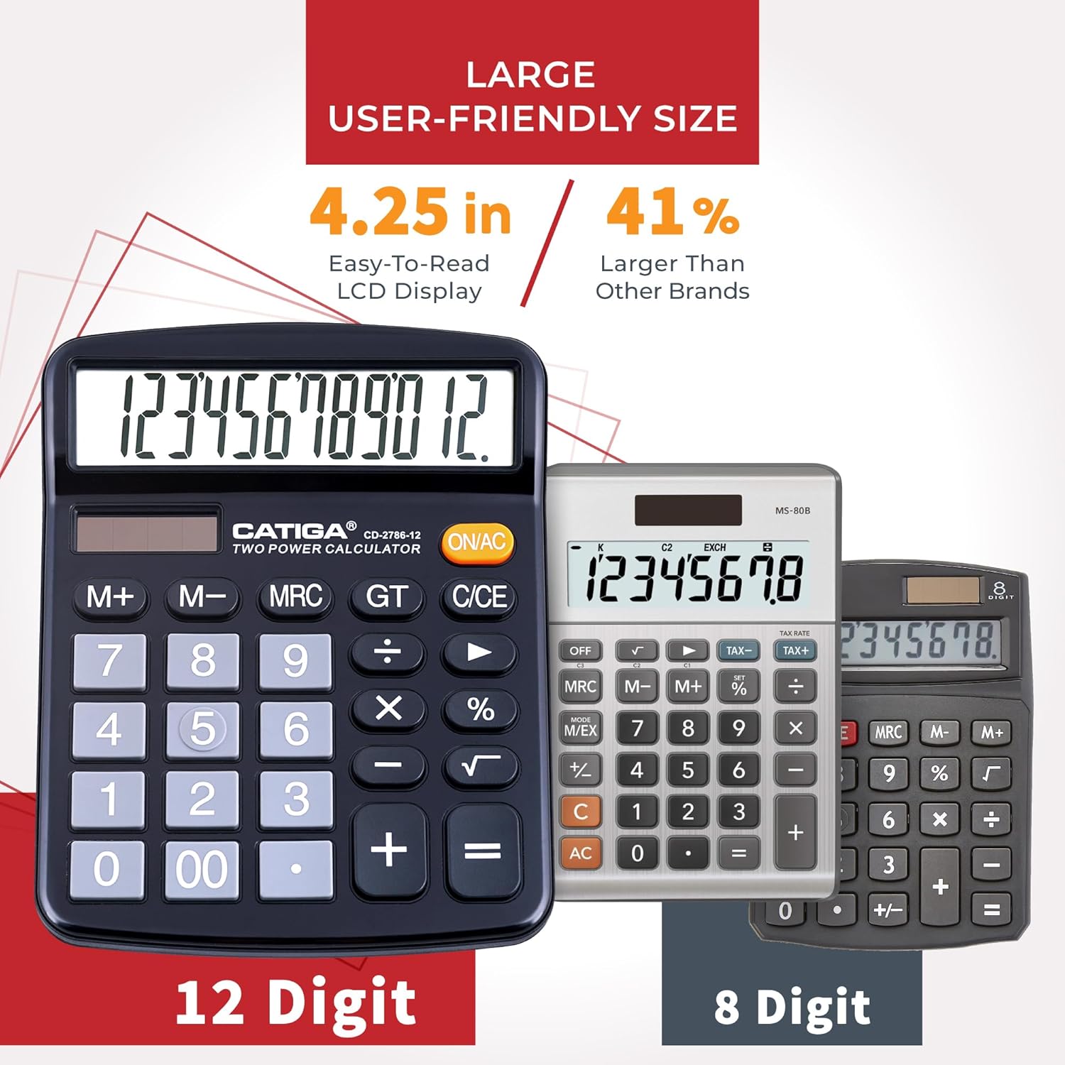 CATIGA 12 Digit Desk Calculator, Desktop Calculators with Large LCD Display & Big Buttons, Dual Power Solar & Battery, Standard Basic 4 Function Calculator for School, Office, Home - Image 2
