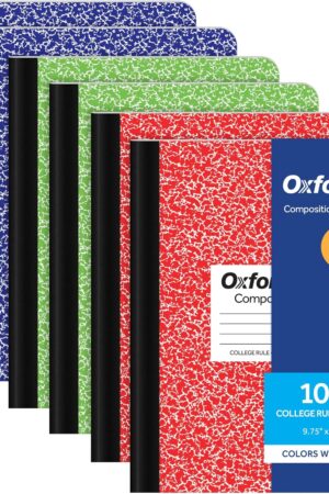 Oxford Composition Notebook 6 Pack, College Ruled Paper, 9-3/4 x 7-1/2 Inches, 100 Sheets, Assorted Marble Covers. 2 Each: Blue, Green, Red (63763)