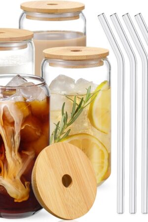 Drinking Glasses with Bamboo Lids and Glass Straw 4pcs Set - 16oz Glass Cups, Iced Coffee Glasses, Cute iced Tea Glasses, Beer Glasses, Ideal for Coffee Bar Accessories, Aesthetic Gift - 2 Brushes