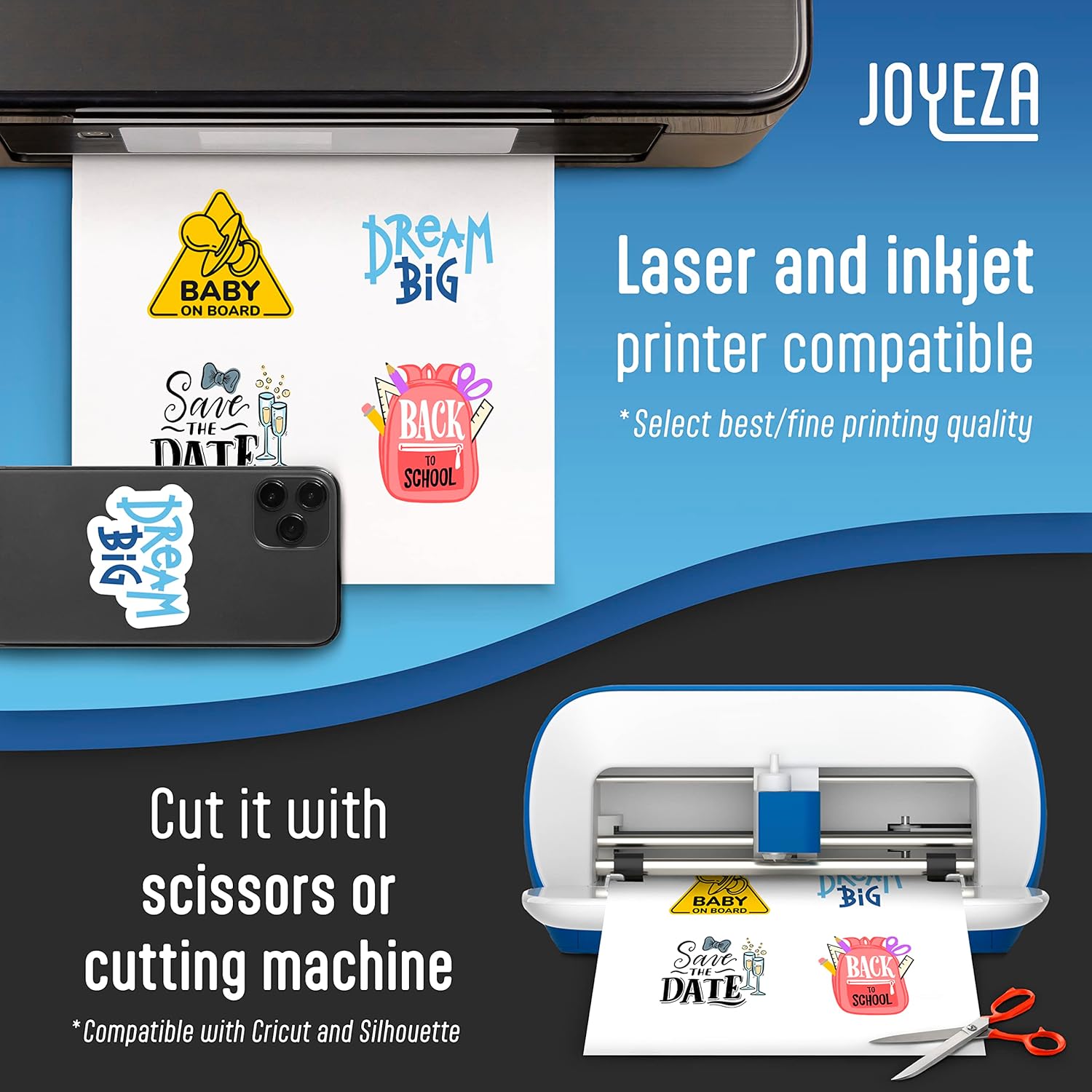 JOYEZA Premium Printable Vinyl Sticker Paper for Inkjet Printer - 25 Sheets Glossy White Waterproof, Dries Quickly Vivid Colors, Holds Ink Well - Inkjet & Laser Printer - Image 3